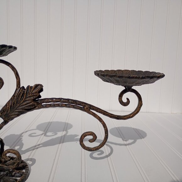 Cast Iron 3 Sconce Candelabra Bronze Gold Leaf Accents Heavy Candle Holder Vtg - Picture 4 of 13